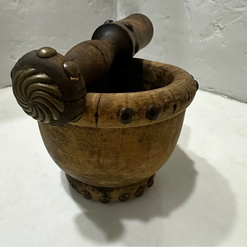 Vintage 60’s Spanish Medieval Style Wooden Metal Mortar And Pestle Set